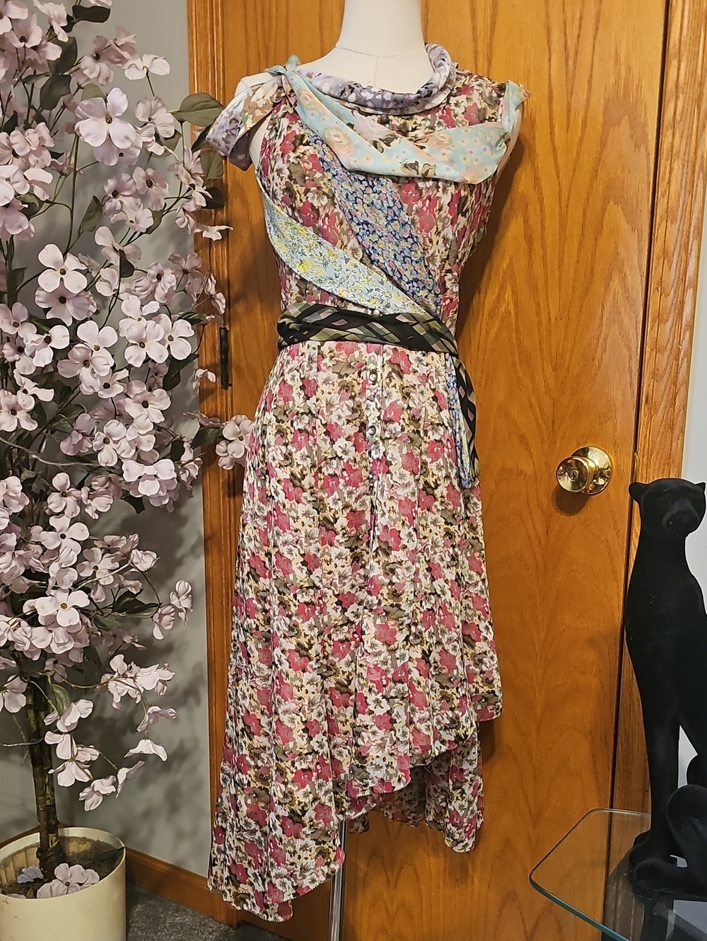 Byron Lars Floral Asymmetrical Dress in Pink, Cream, Green